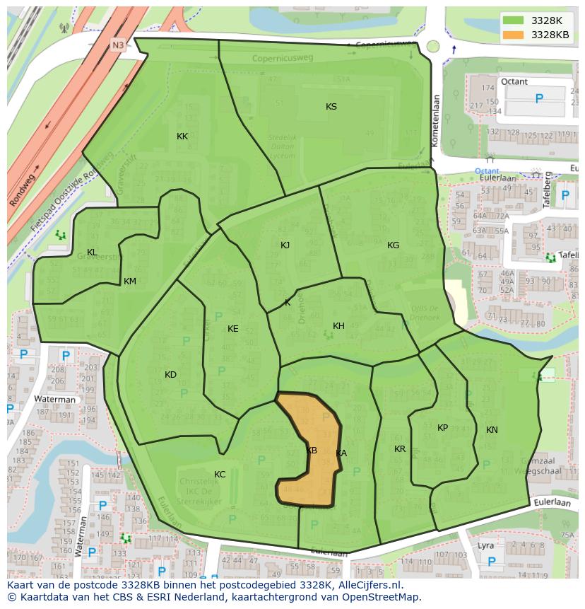 Afbeelding van het postcodegebied 3328 KB op de kaart.