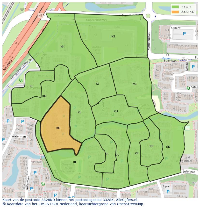 Afbeelding van het postcodegebied 3328 KD op de kaart.