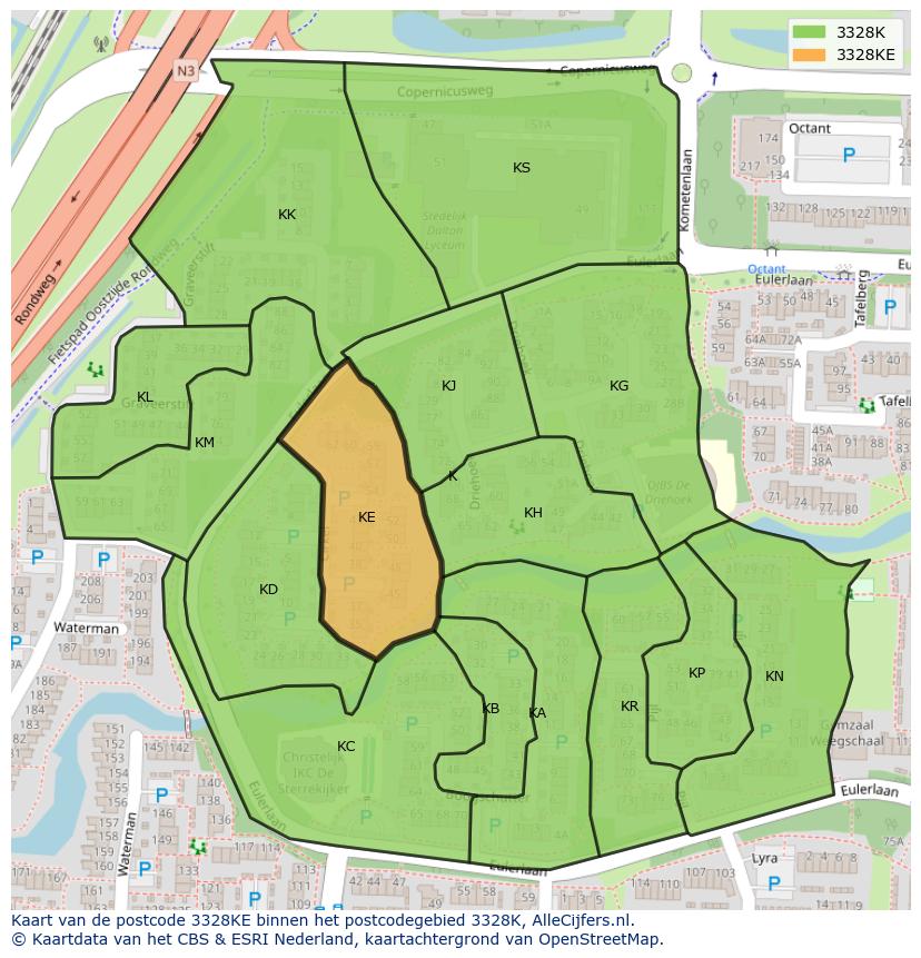 Afbeelding van het postcodegebied 3328 KE op de kaart.
