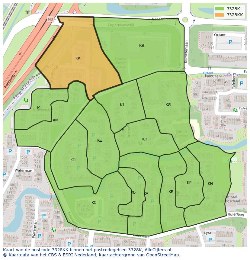 Afbeelding van het postcodegebied 3328 KK op de kaart.