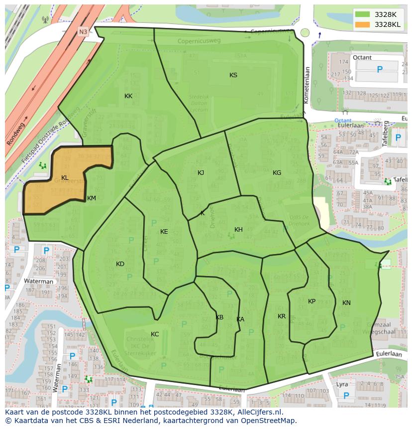 Afbeelding van het postcodegebied 3328 KL op de kaart.