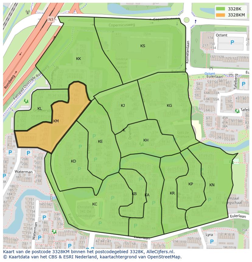 Afbeelding van het postcodegebied 3328 KM op de kaart.