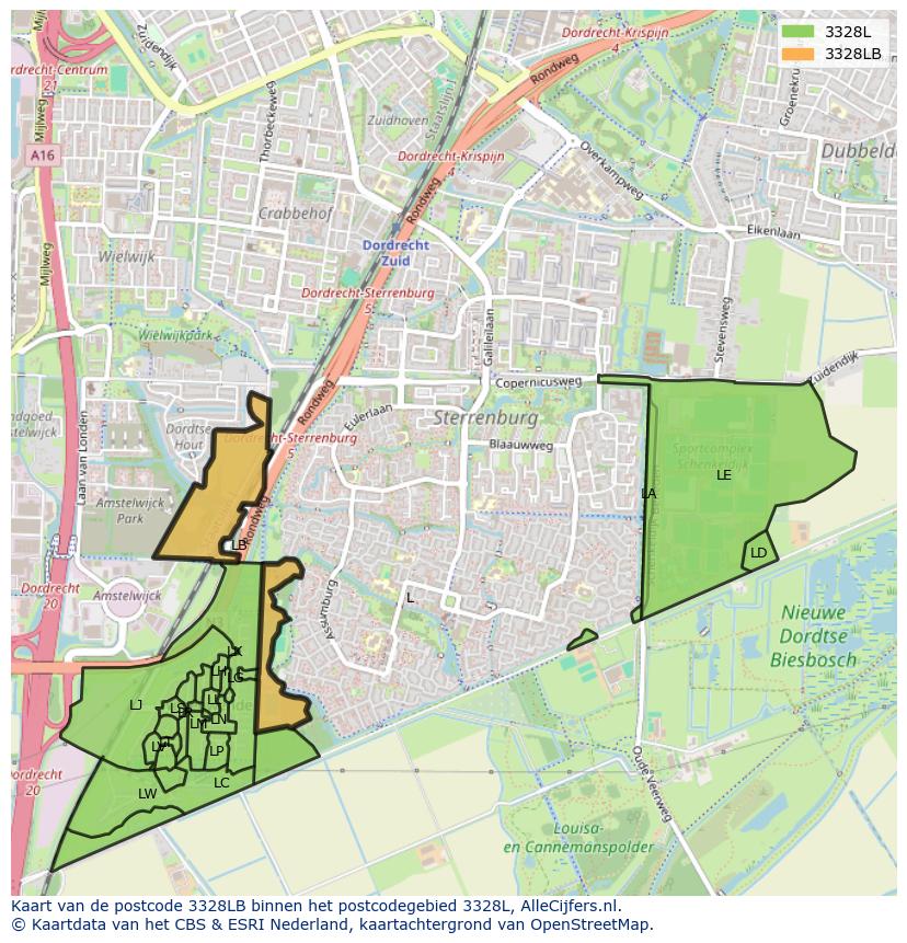 Afbeelding van het postcodegebied 3328 LB op de kaart.