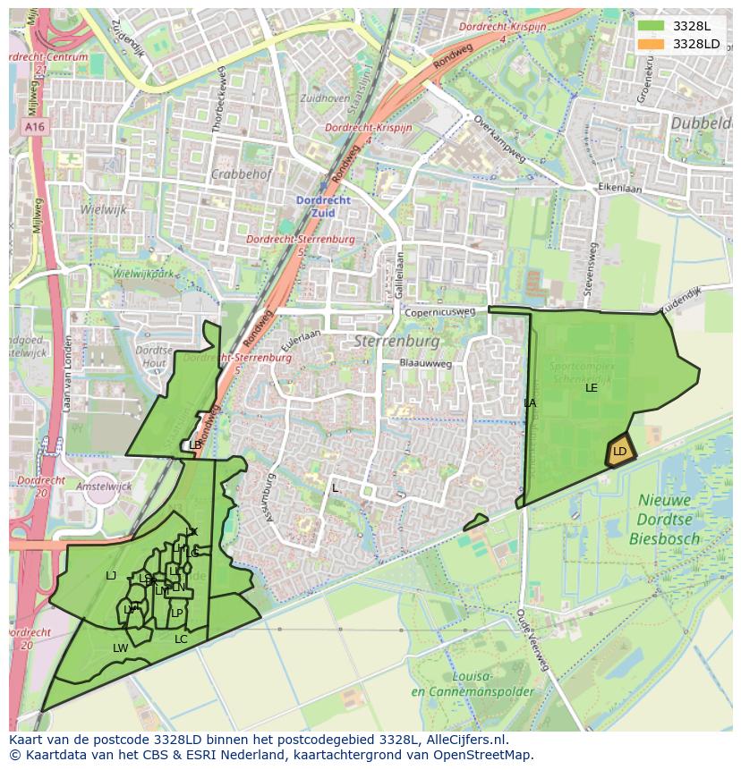 Afbeelding van het postcodegebied 3328 LD op de kaart.