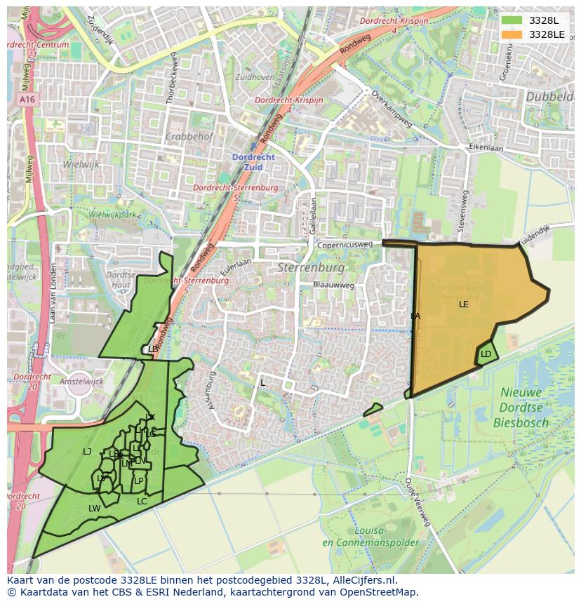 Afbeelding van het postcodegebied 3328 LE op de kaart.