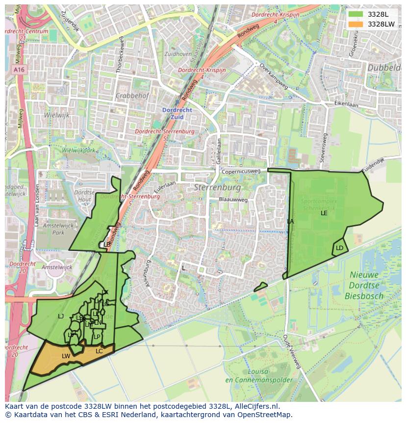 Afbeelding van het postcodegebied 3328 LW op de kaart.