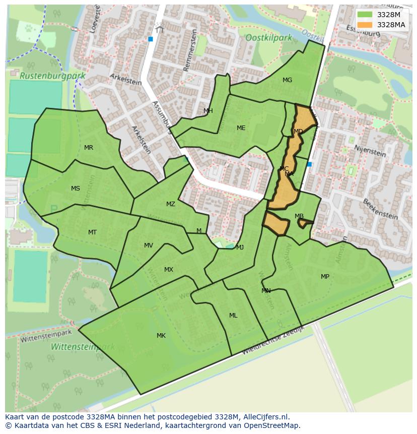 Afbeelding van het postcodegebied 3328 MA op de kaart.