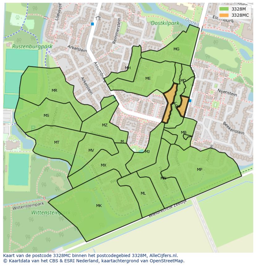 Afbeelding van het postcodegebied 3328 MC op de kaart.