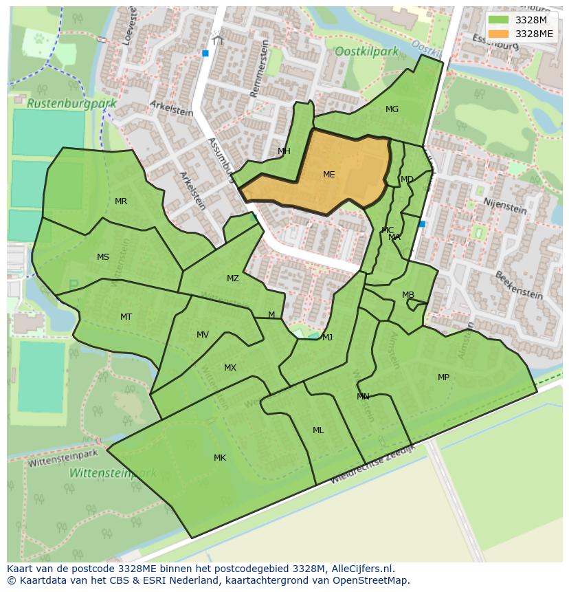 Afbeelding van het postcodegebied 3328 ME op de kaart.