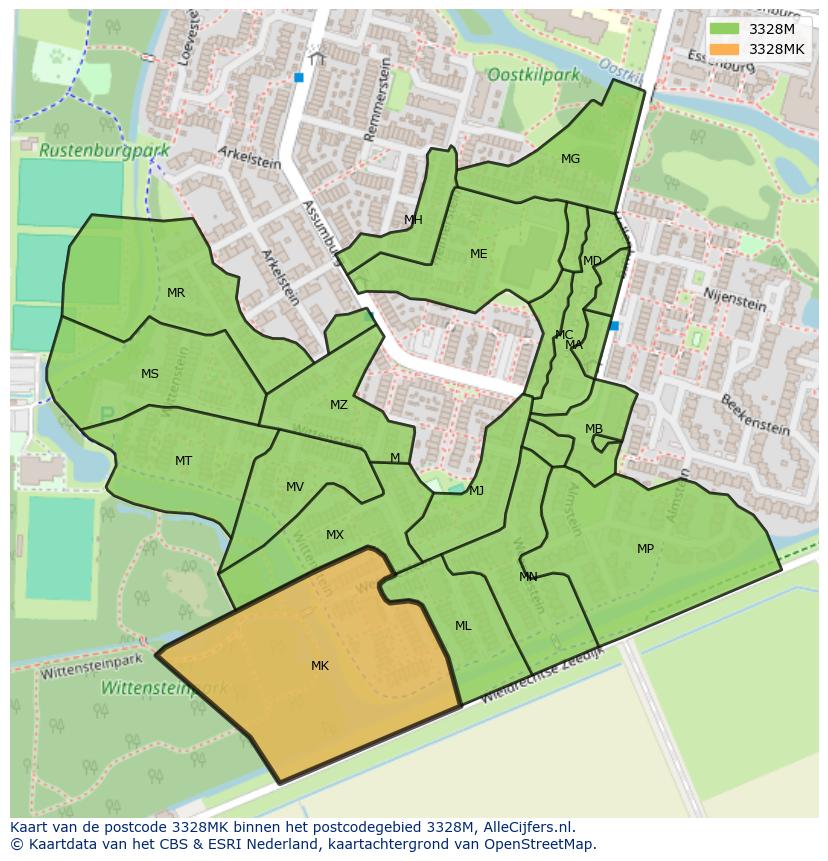 Afbeelding van het postcodegebied 3328 MK op de kaart.