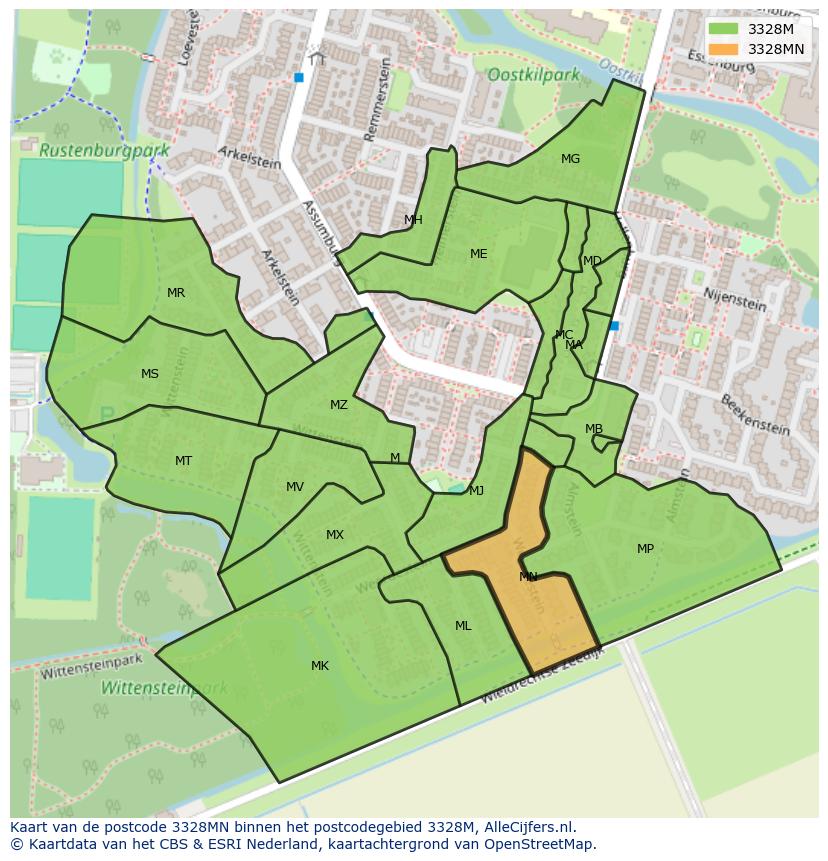 Afbeelding van het postcodegebied 3328 MN op de kaart.