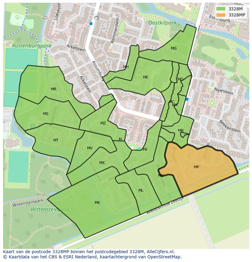 Afbeelding van het postcodegebied 3328 MP op de kaart.