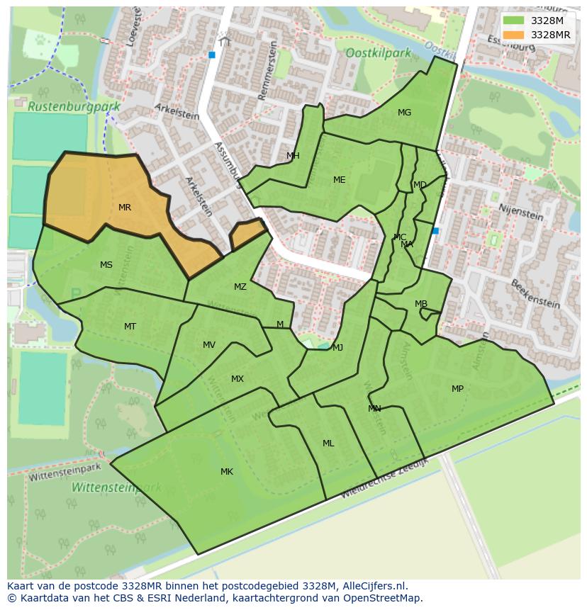 Afbeelding van het postcodegebied 3328 MR op de kaart.