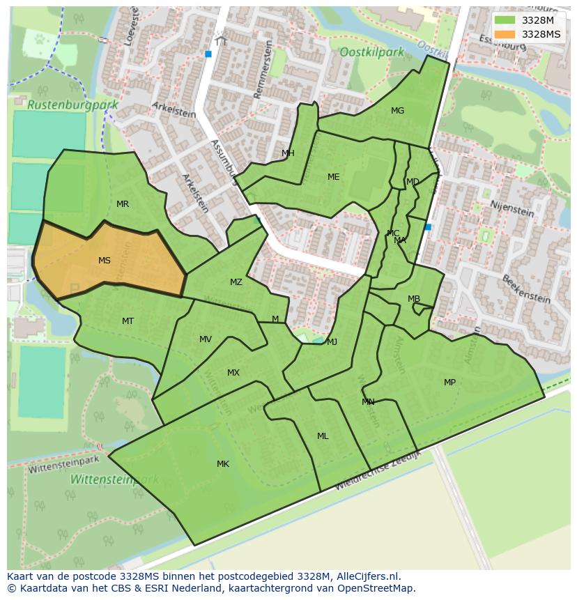 Afbeelding van het postcodegebied 3328 MS op de kaart.
