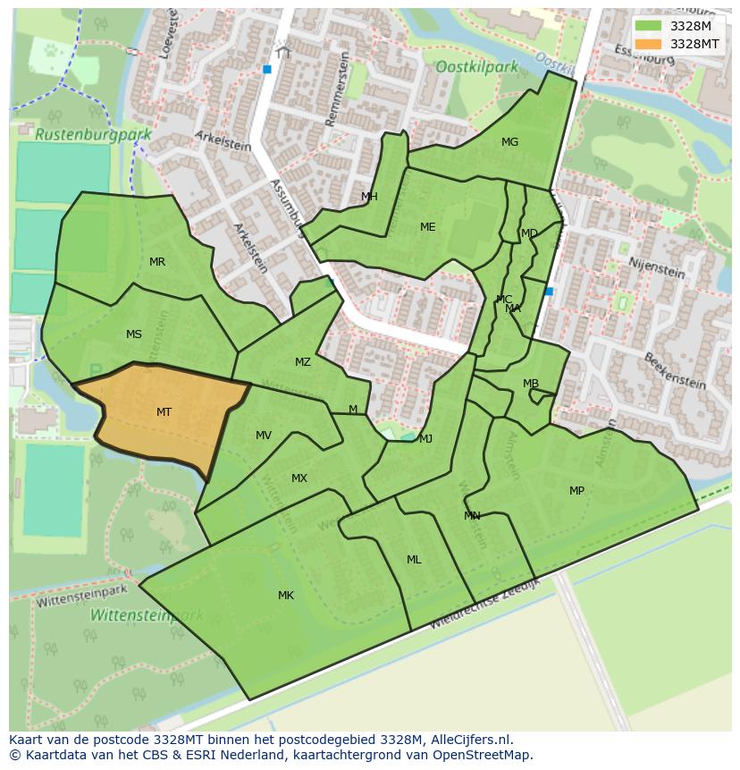Afbeelding van het postcodegebied 3328 MT op de kaart.