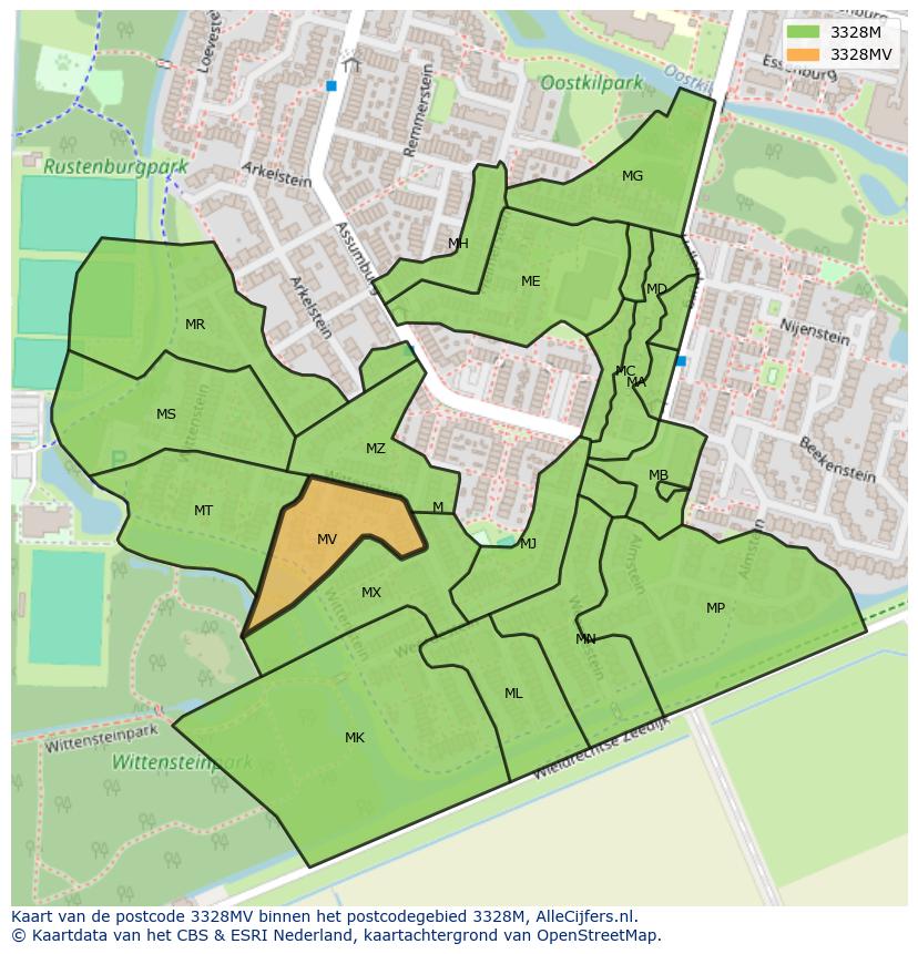 Afbeelding van het postcodegebied 3328 MV op de kaart.