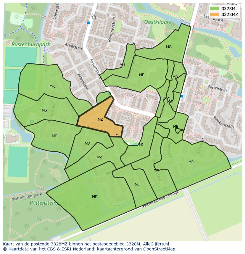 Afbeelding van het postcodegebied 3328 MZ op de kaart.