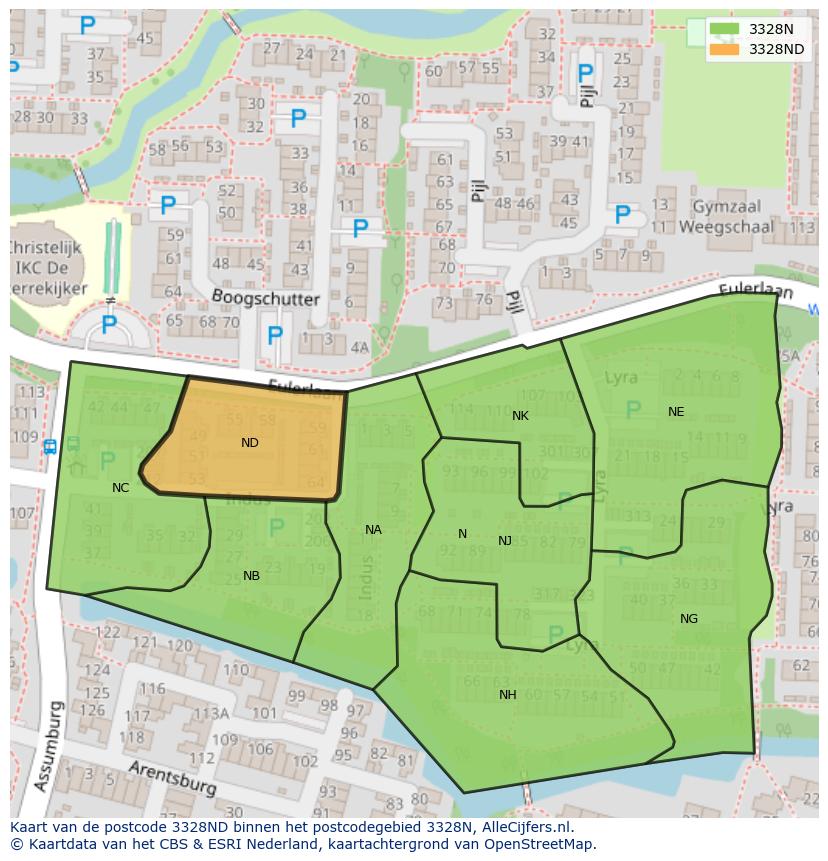 Afbeelding van het postcodegebied 3328 ND op de kaart.