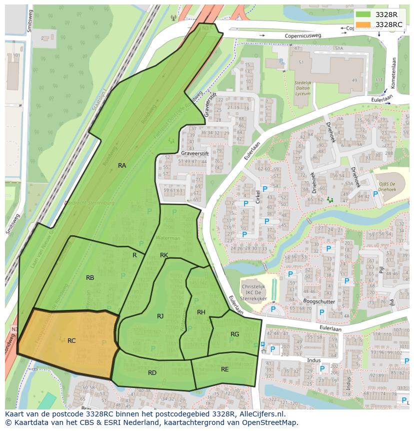 Afbeelding van het postcodegebied 3328 RC op de kaart.