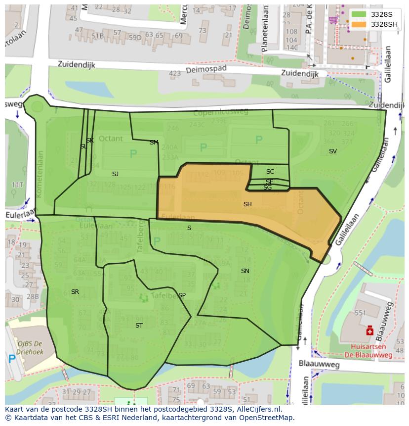 Afbeelding van het postcodegebied 3328 SH op de kaart.