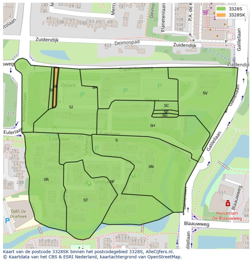 Afbeelding van het postcodegebied 3328 SK op de kaart.