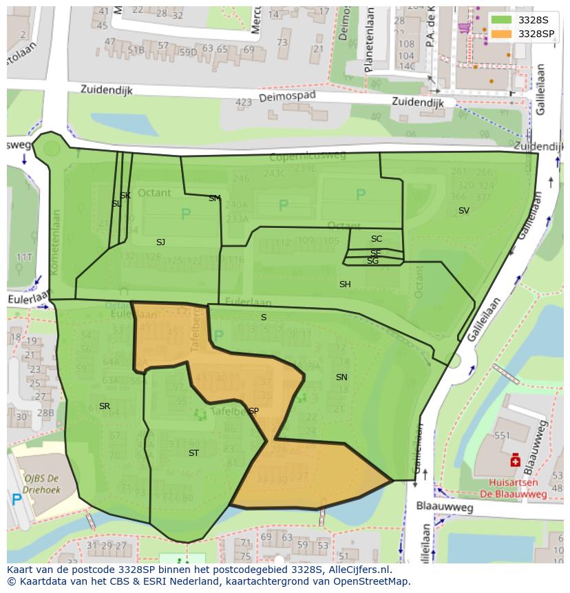 Afbeelding van het postcodegebied 3328 SP op de kaart.