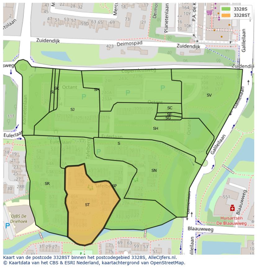 Afbeelding van het postcodegebied 3328 ST op de kaart.