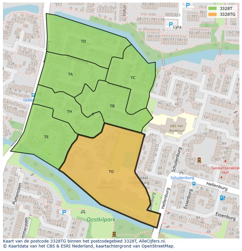 Afbeelding van het postcodegebied 3328 TG op de kaart.