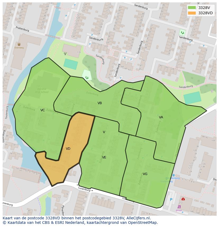 Afbeelding van het postcodegebied 3328 VD op de kaart.