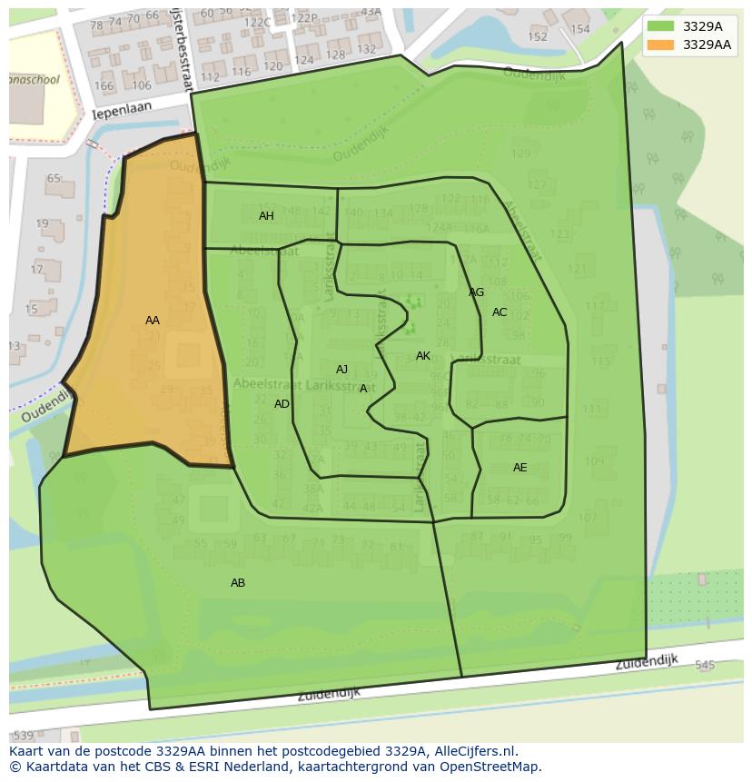 Afbeelding van het postcodegebied 3329 AA op de kaart.
