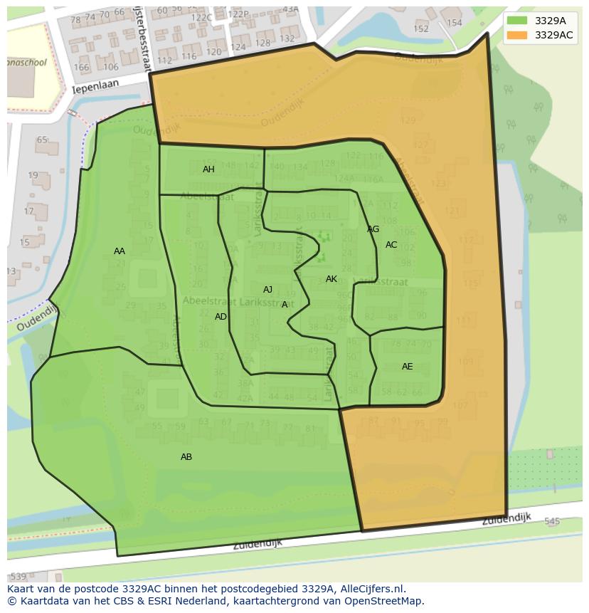 Afbeelding van het postcodegebied 3329 AC op de kaart.