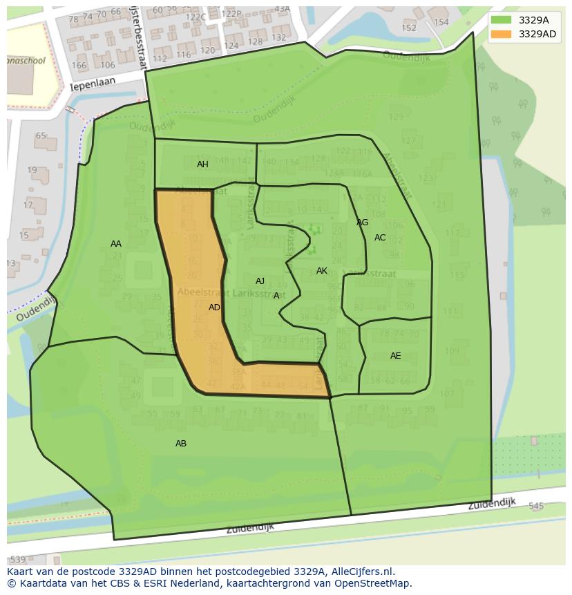 Afbeelding van het postcodegebied 3329 AD op de kaart.