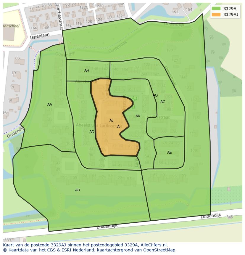Afbeelding van het postcodegebied 3329 AJ op de kaart.
