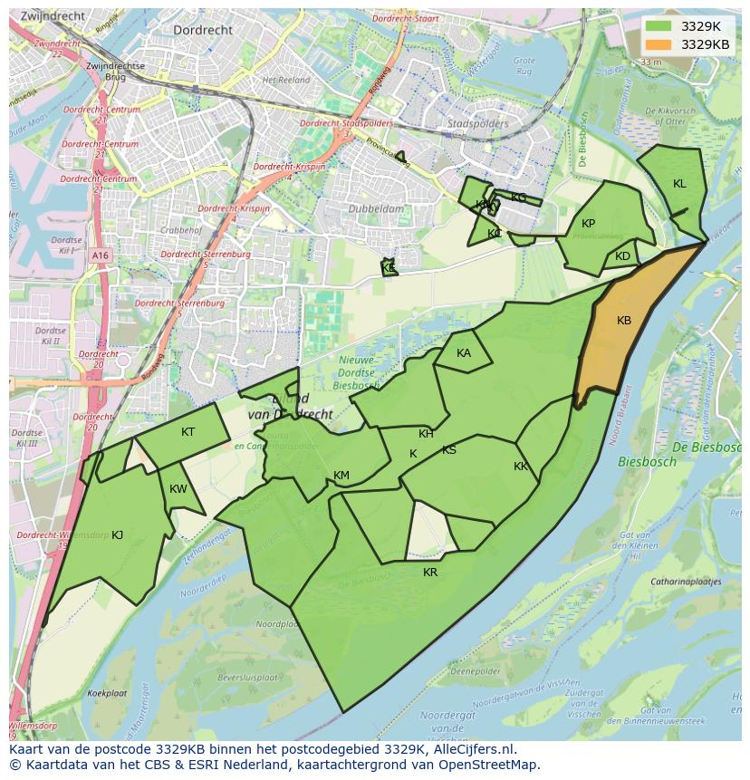 Afbeelding van het postcodegebied 3329 KB op de kaart.