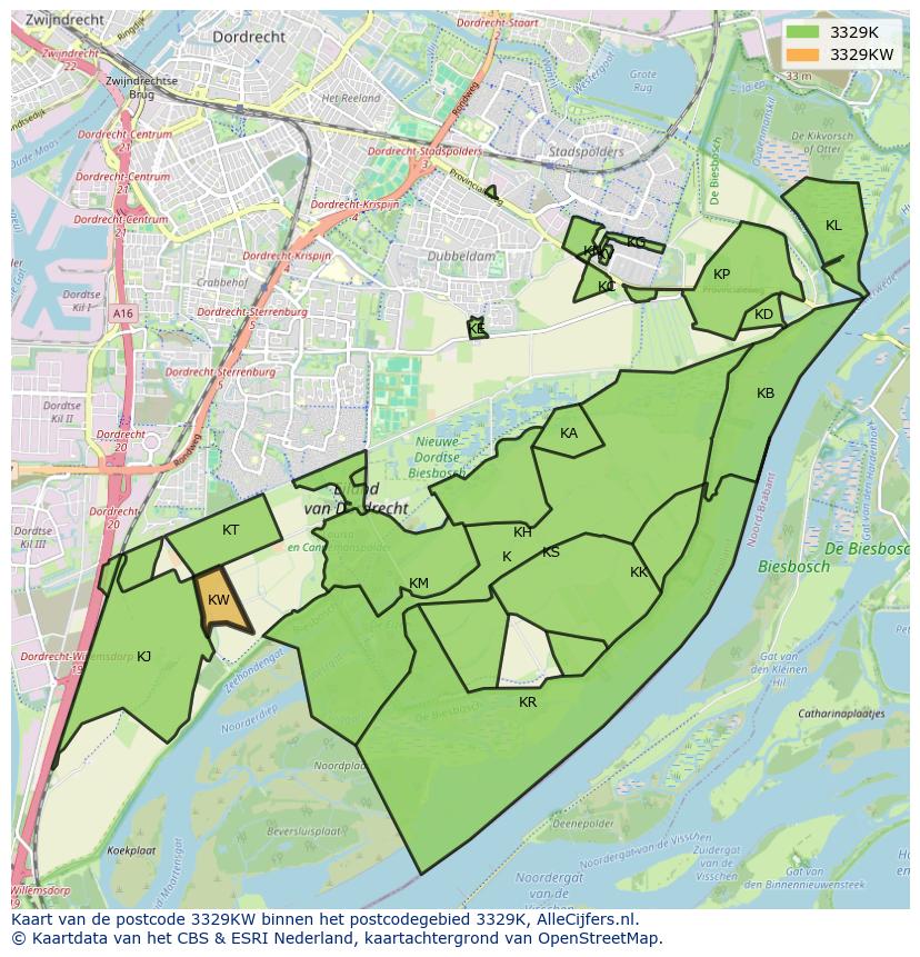 Afbeelding van het postcodegebied 3329 KW op de kaart.