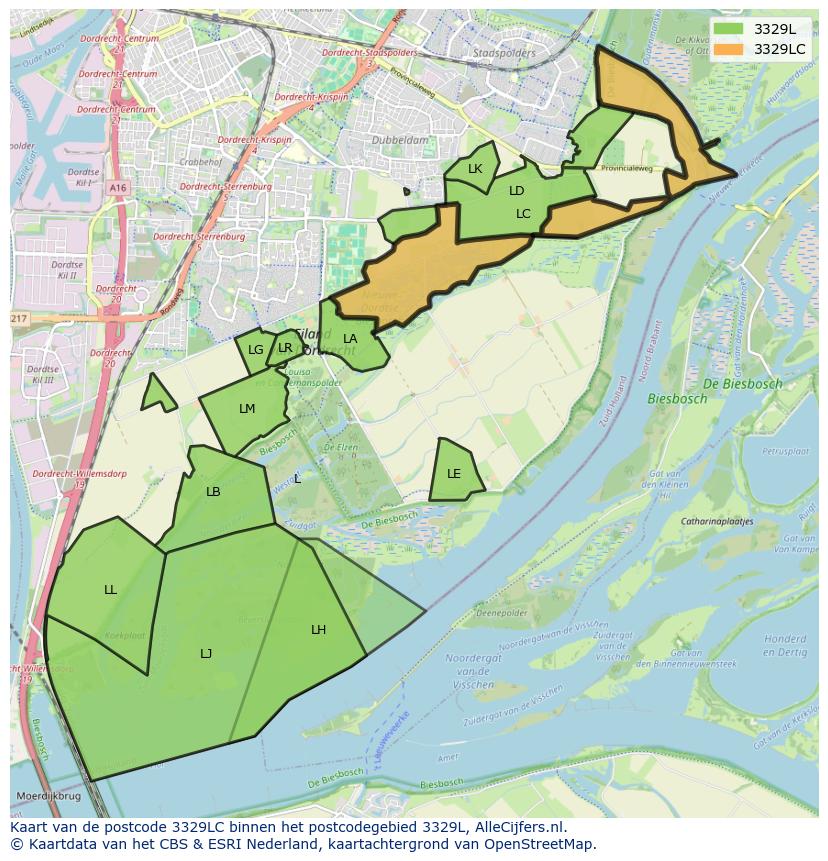 Afbeelding van het postcodegebied 3329 LC op de kaart.