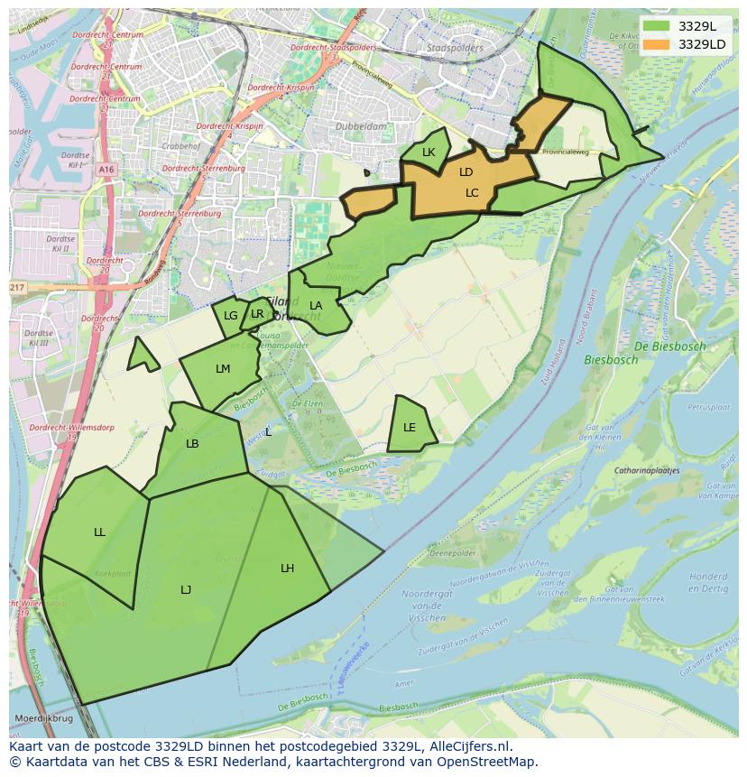 Afbeelding van het postcodegebied 3329 LD op de kaart.