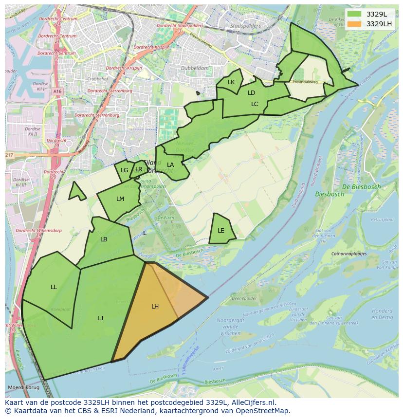 Afbeelding van het postcodegebied 3329 LH op de kaart.