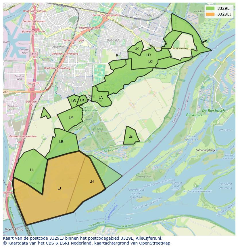 Afbeelding van het postcodegebied 3329 LJ op de kaart.