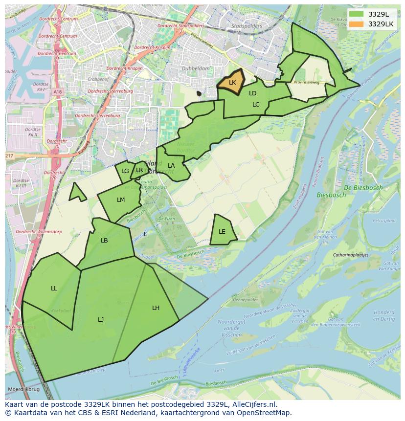 Afbeelding van het postcodegebied 3329 LK op de kaart.