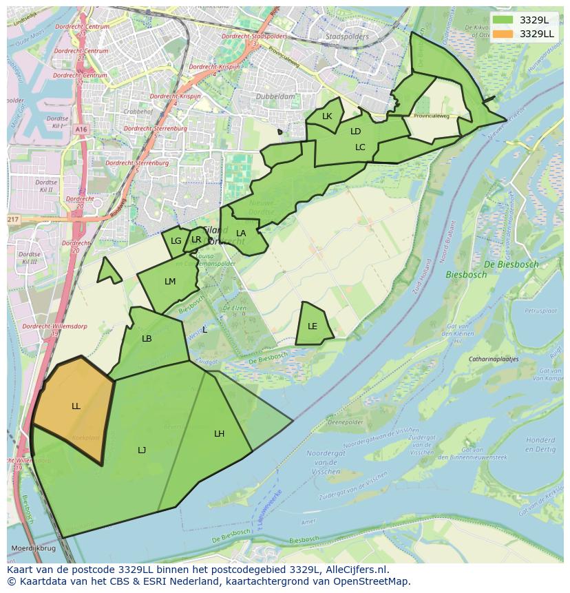 Afbeelding van het postcodegebied 3329 LL op de kaart.