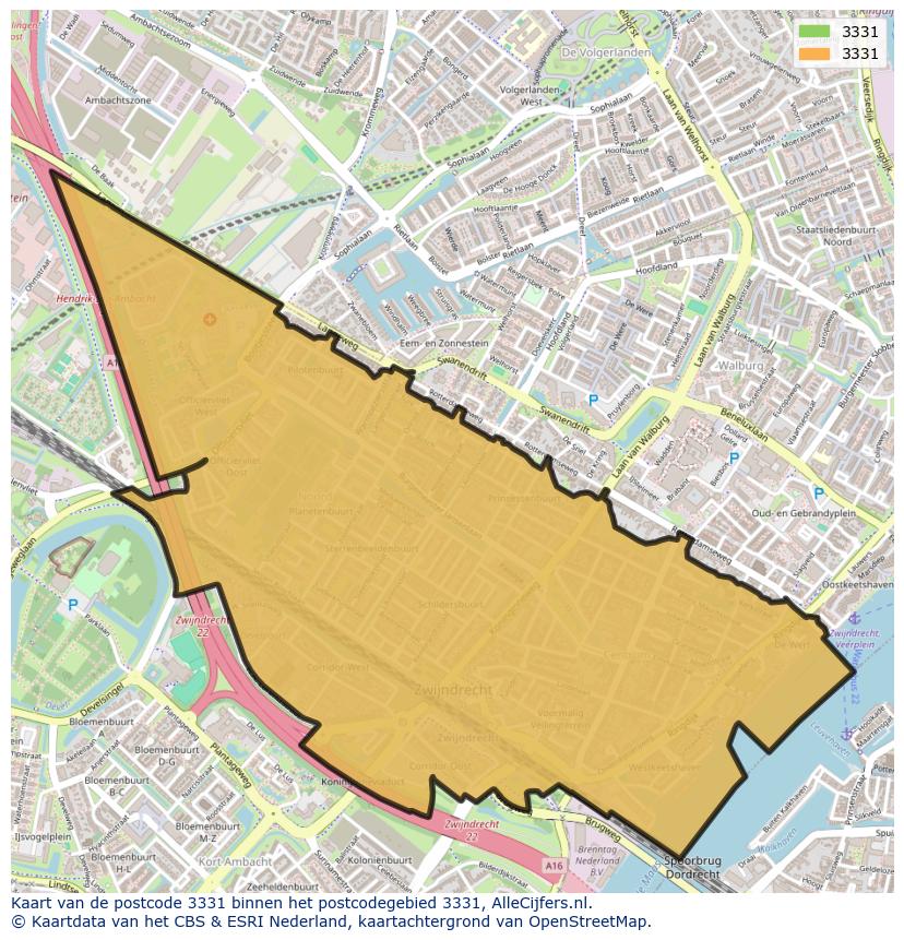 Afbeelding van het postcodegebied 3331 op de kaart.