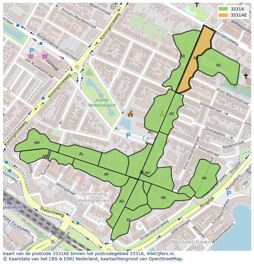 Afbeelding van het postcodegebied 3331 AE op de kaart.