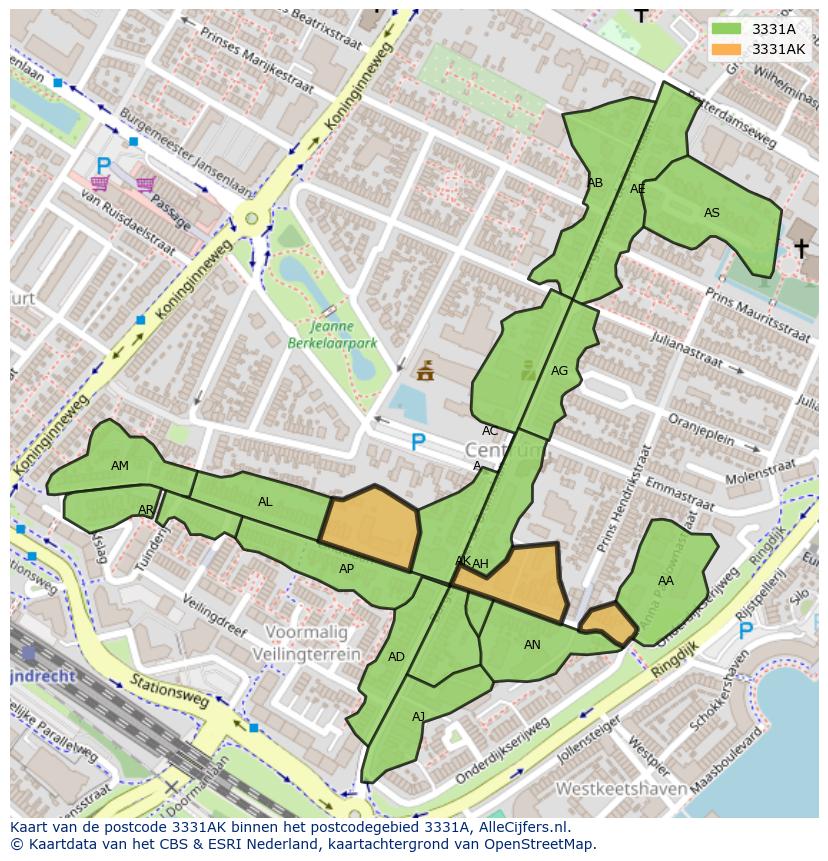 Afbeelding van het postcodegebied 3331 AK op de kaart.