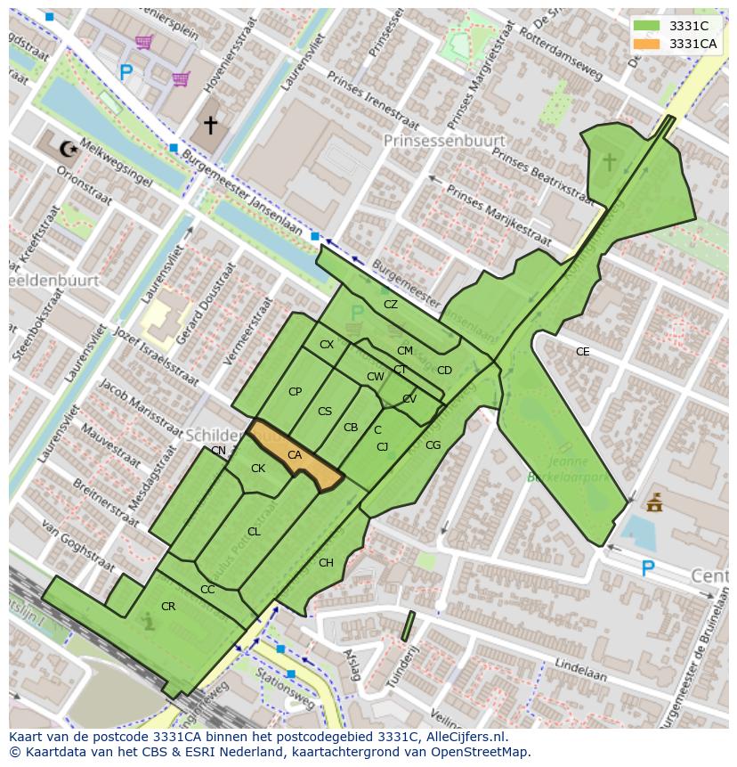 Afbeelding van het postcodegebied 3331 CA op de kaart.