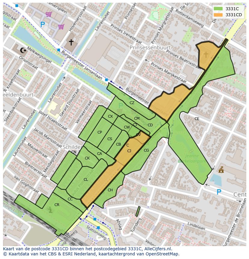 Afbeelding van het postcodegebied 3331 CD op de kaart.