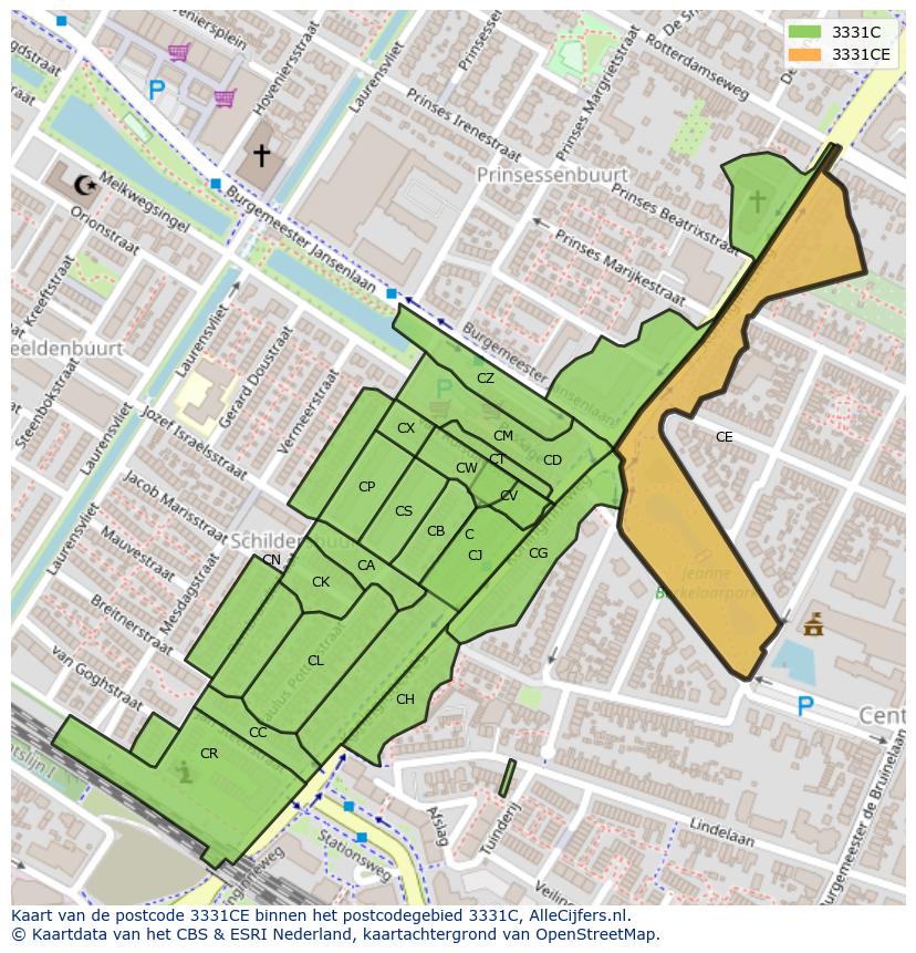 Afbeelding van het postcodegebied 3331 CE op de kaart.
