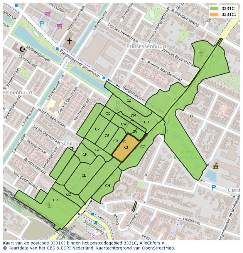 Afbeelding van het postcodegebied 3331 CJ op de kaart.