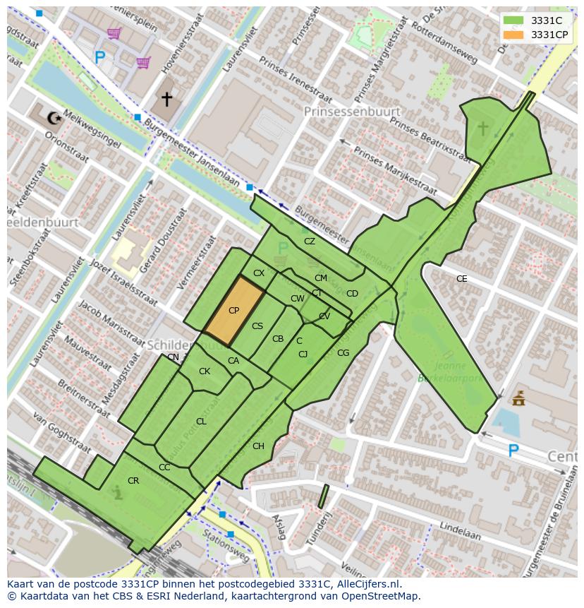 Afbeelding van het postcodegebied 3331 CP op de kaart.