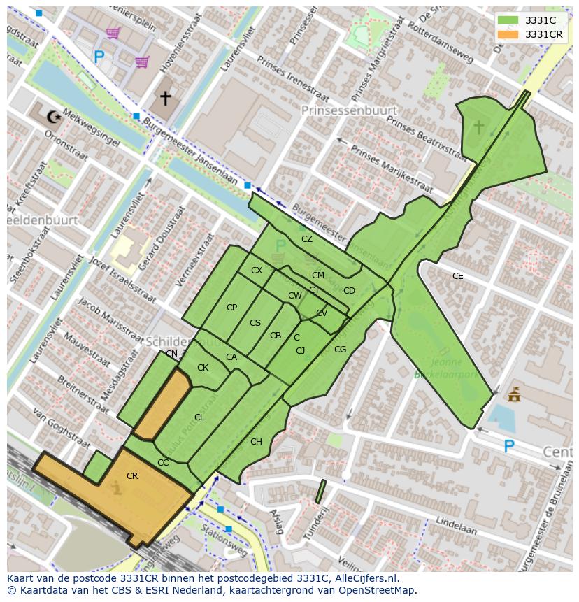 Afbeelding van het postcodegebied 3331 CR op de kaart.